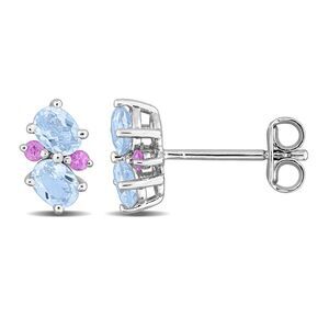 1.10 Carat (ctw) Sky Topaz and Pink Sapphire Cluster Drop Earrings Sterling Silv